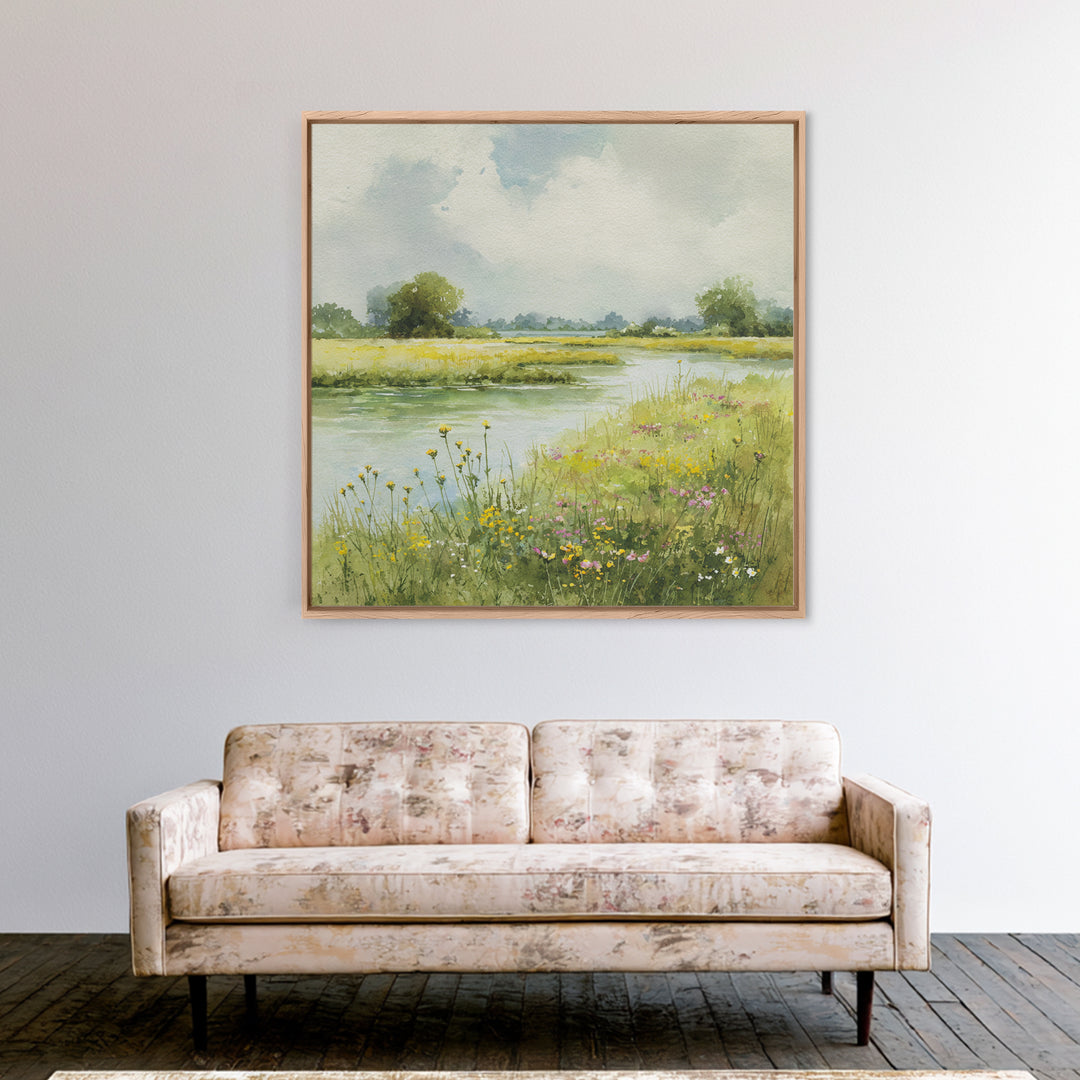 Sunlit Meadow with Wildflowers Canvas Print, Landscape Art, Minimalist Decor, Living Room Decor, Oil Painting, Horizon, LAN-1x1-85