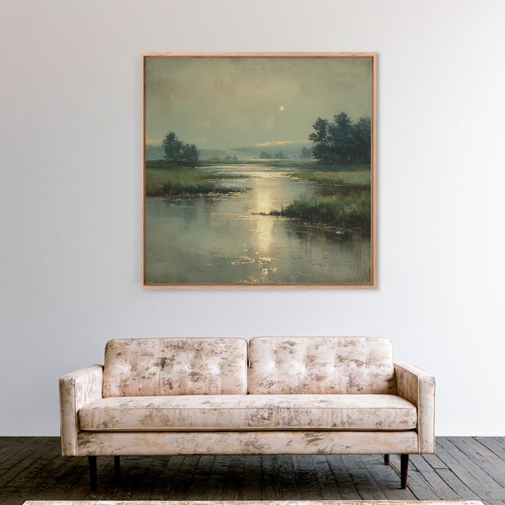 Moonlit River with Silver Reflections Framed Canvas Print, Landscape Art, Wall Art, Living Room Decor, Fine Art, Horizon, LAN-1x1-93