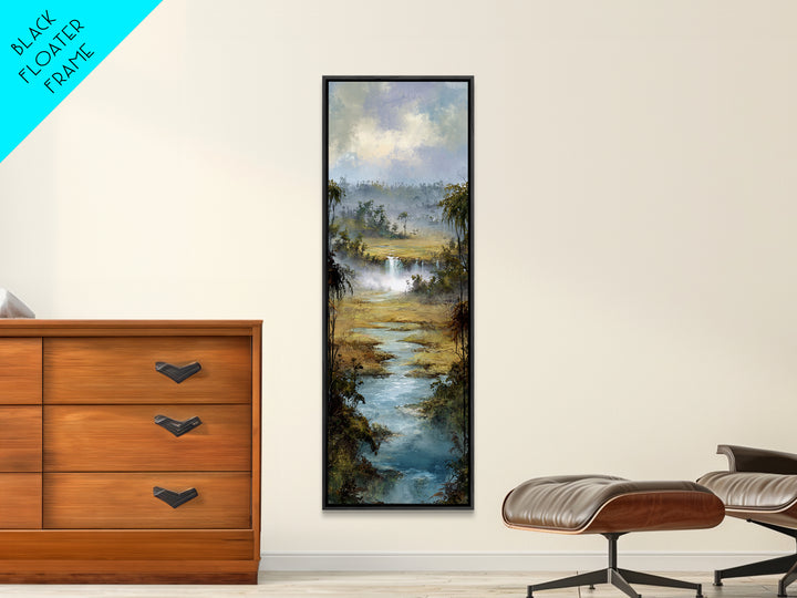 Tropical Jungle Waterfall Framed Canvas Print, Landscape Art, Minimalist Decor, Living Room Decor, Oil Painting, Horizon, LAN-1x3-4