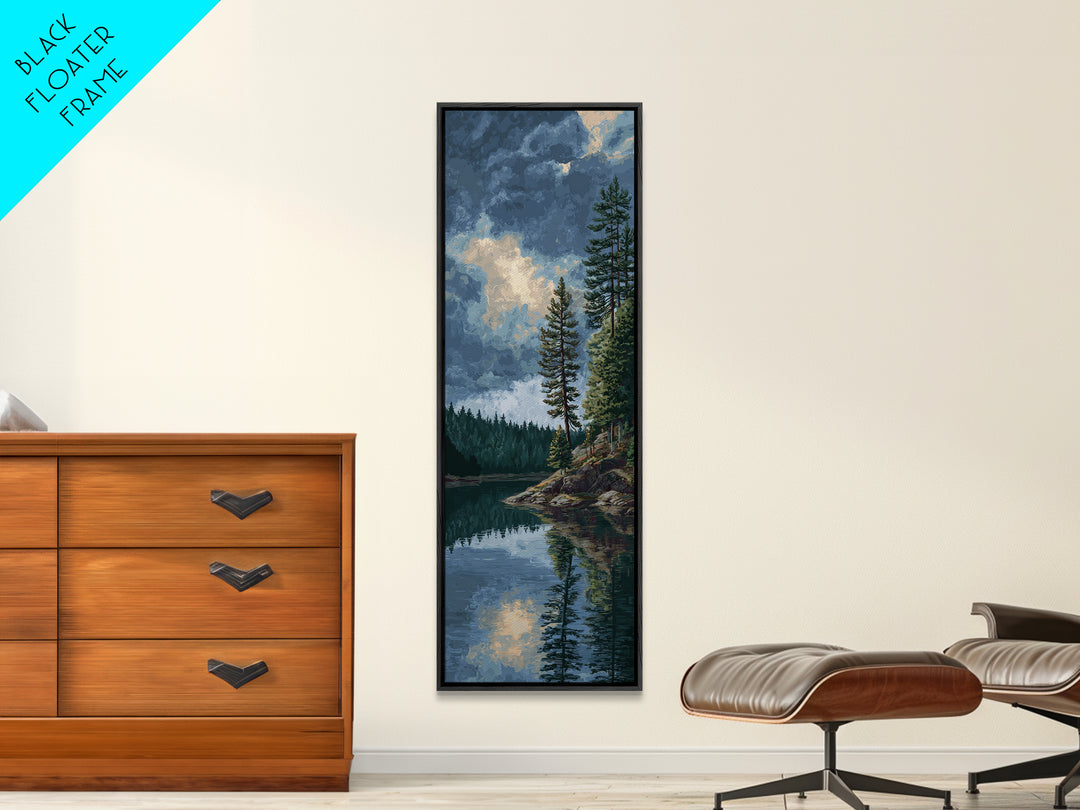 Quiet Lake Reflecting Pine Forest Canvas Print, Landscape Art, Framed Wall Art, Living Room Decor, Oil Painting, Horizon, LAN-1x3-40