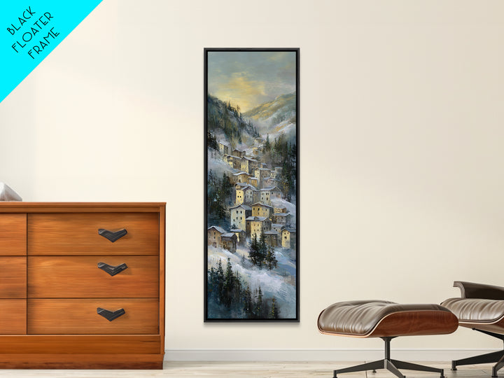 Snow Covered Alpine Village at Dusk Canvas Print, Landscape Art, Abstract Wall Art, Living Room Decor, Fine Art, Horizon, LAN-1x3-43