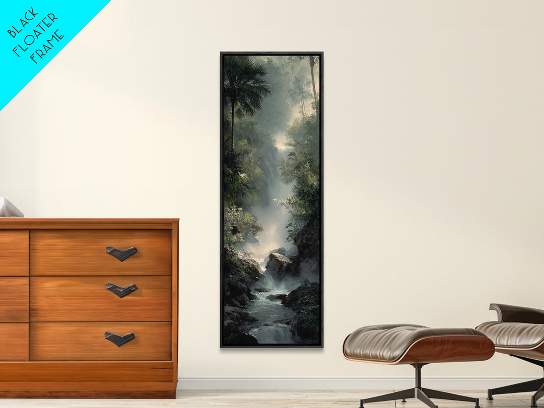 Tropical Jungle Waterfall Framed Canvas Print, Landscape Art, Digital Wall Art, Living Room Decor, Fine Art, Horizon, LAN-1x3-52