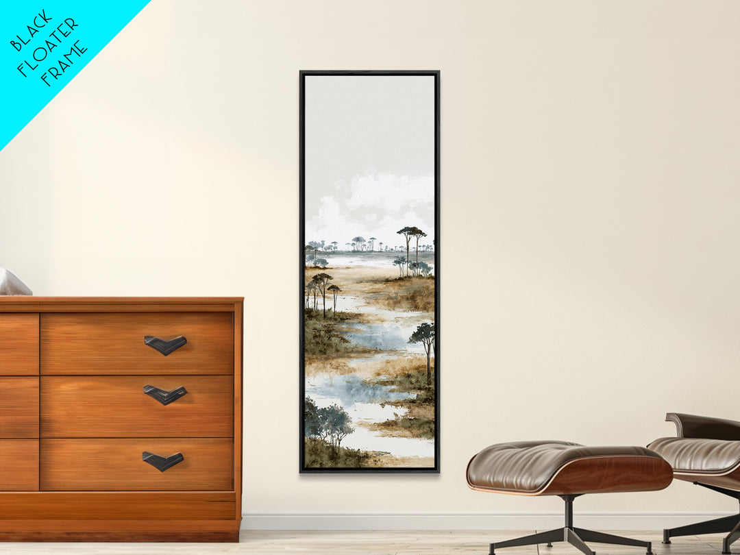 Wide Savanna with Acacia Silhouette Canvas Print, Landscape Art, Digital Wall Art, Living Room Decor, Fine Art, Horizon, LAN-1x3-7