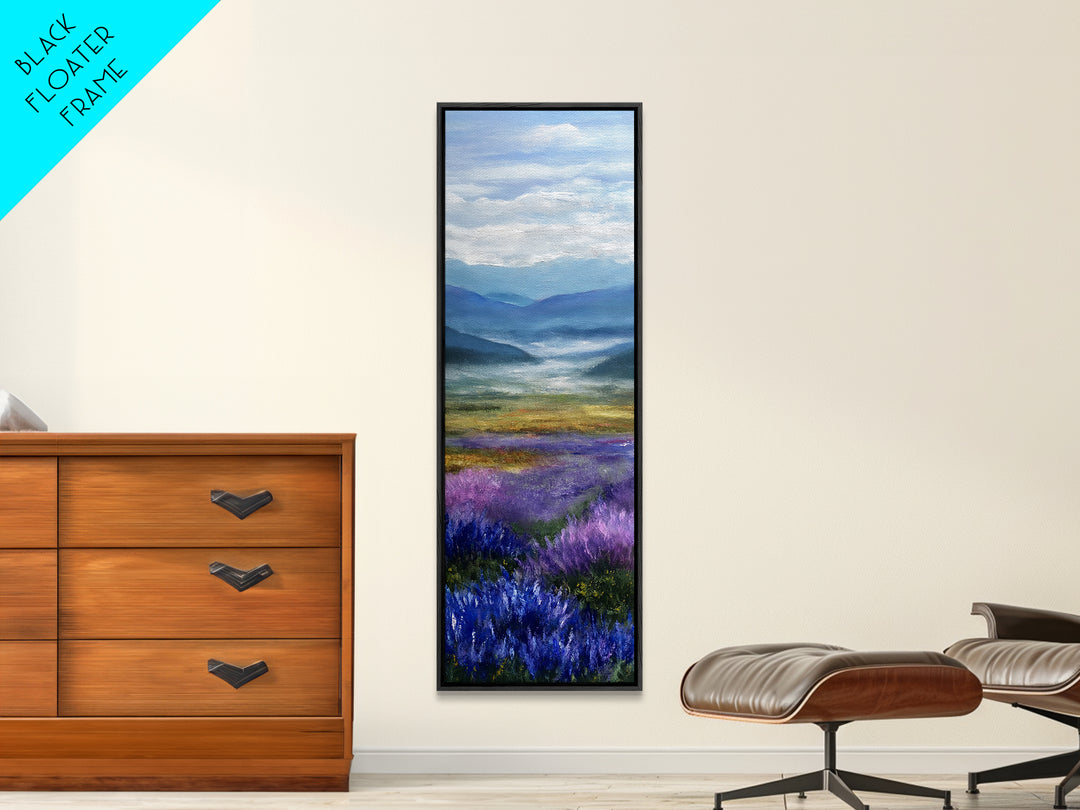 Lavender Field Leading to Distant Hills Framed Canvas Print, Landscape Art, Modern Decor, Living Room Decor, Fine Art, Horizon, LAN-1x3-70