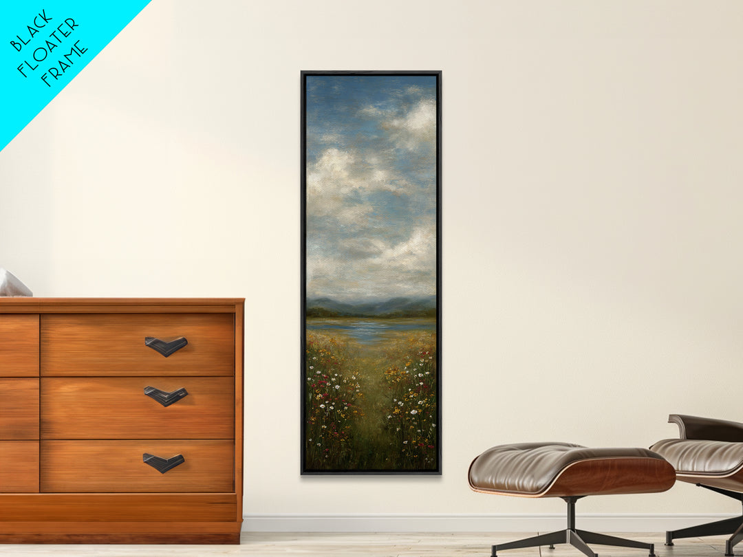 Sunlit Meadow with Wildflowers Canvas Print, Landscape Art, Framed Wall Art, Living Room Decor, Oil Painting, Horizon, LAN-1x3-73