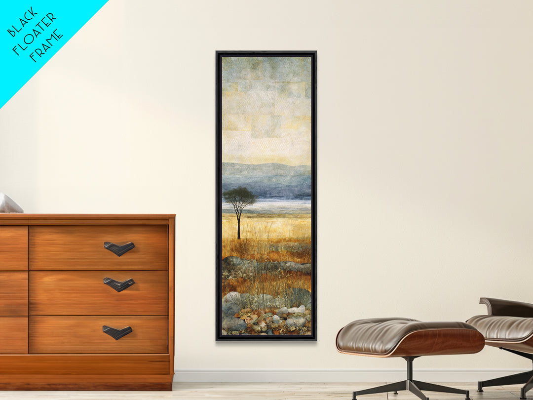 Wide Savanna with Acacia Silhouette Framed Canvas Print, Landscape Art, Living Room Wall Art, Living Room Decor, Oil Painting, LAN-1x3-79