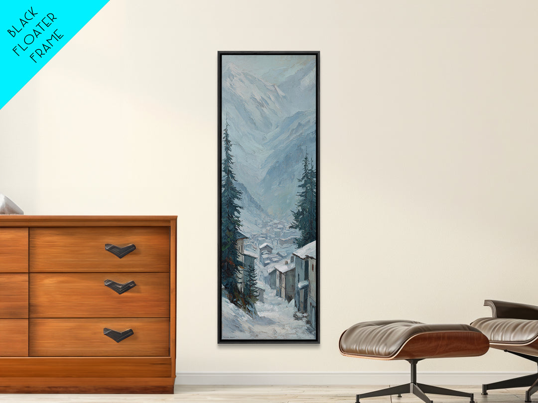 Snow Covered Alpine Village at Dusk Framed Canvas Print, Landscape Art, Boho Decor, Living Room Decor, Fine Art, Horizon, LAN-1x3-91