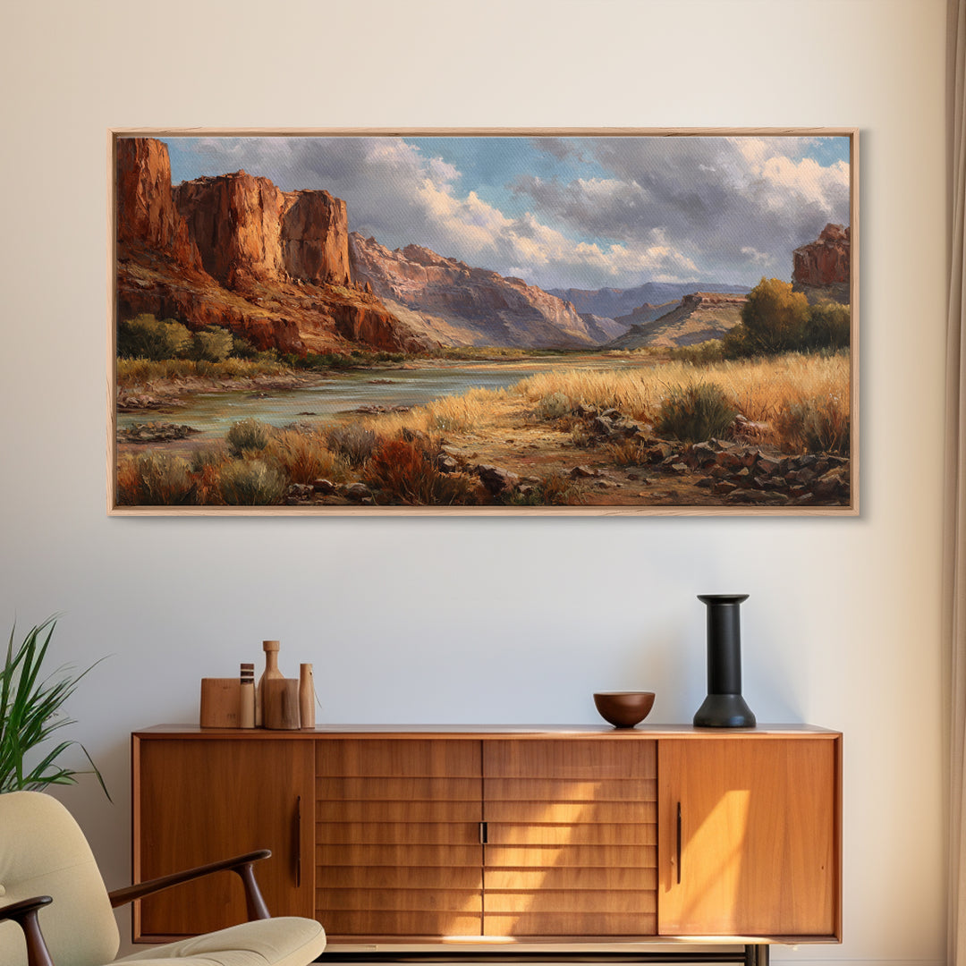 Red Canyon Walls Framed Canvas Print, Landscape Art, Living Room Decor, Oil Painting, Horizon, Horizontal Wall Art, LAN-2x1-1