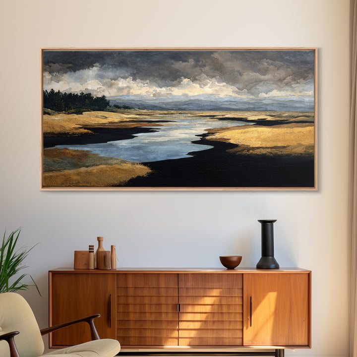 Volcanic Black Beach Framed Canvas Print, Landscape Art, Contemporary Art, Living Room Decor, Fine Art, Horizon, Original Art, LAN-2x1-10