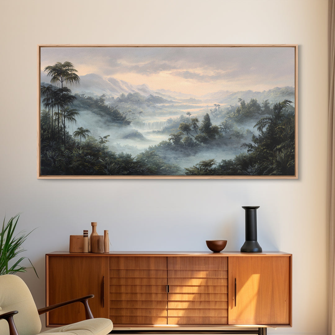 Tropical Jungle Waterfall Framed Canvas Print, Landscape Art, Room Decor, Living Room Decor, Fine Art, Horizon, LAN-2x1-12