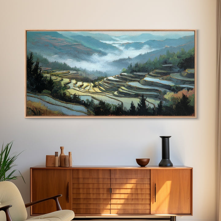 Rice Terraces Glowing Framed Canvas Print, Landscape Art, Luxury Decor, Living Room Decor, Fine Art, Horizon, Digital Art, LAN-2x1-14
