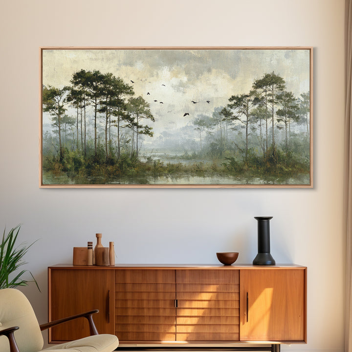 Misty Cypress Swamp Framed Canvas Print, Landscape Art, Room Decor, Living Room Decor, Fine Art, Horizon, Printable Wall Art, LAN-2x1-18