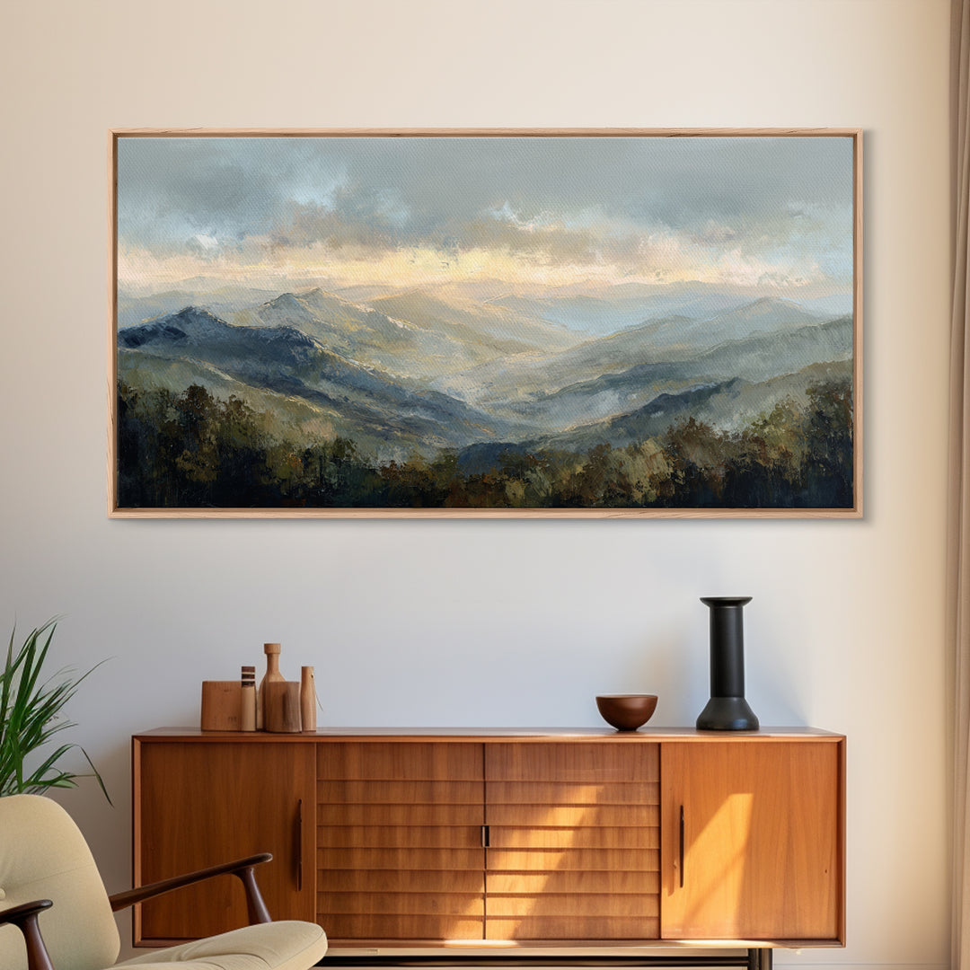 Misty Mountain Valley at Sunrise Canvas Print, Landscape Art, Digital Art, Living Room Decor, Fine Art, Horizon, Boho Wall Art, LAN-2x1-21