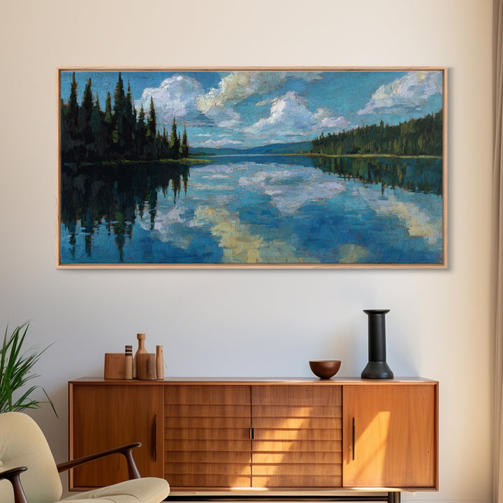 Quiet Lake Reflecting Pine Forest Framed Canvas Print, Landscape Art, Minimalist Decor, Living Room Decor, Oil Painting, LAN-2x1-24
