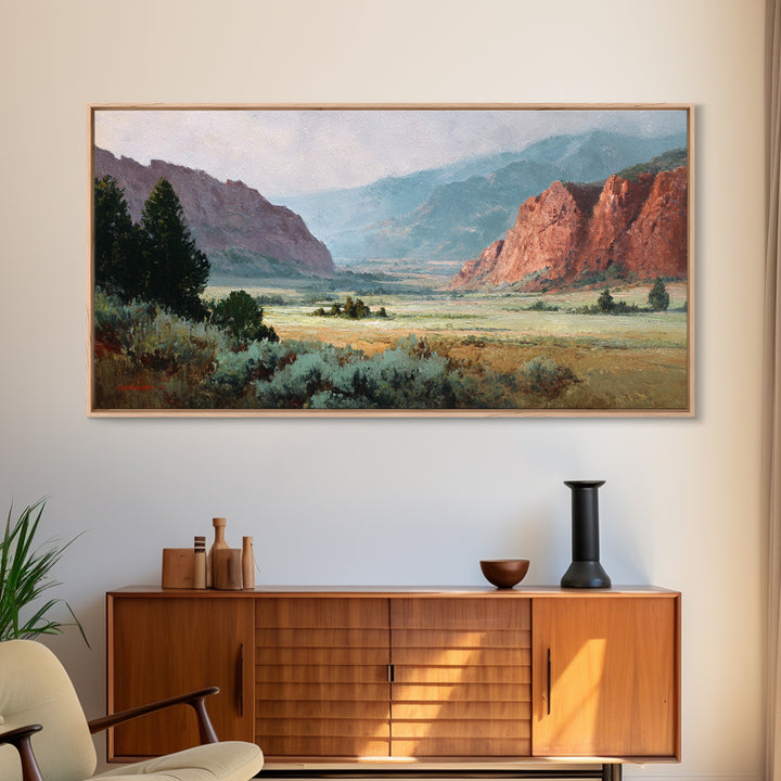 Red Canyon Walls Framed Canvas Print, Landscape Art, Living Room Decor, Oil Painting, Horizon, Horizontal Wall Art, LAN-2x1-25