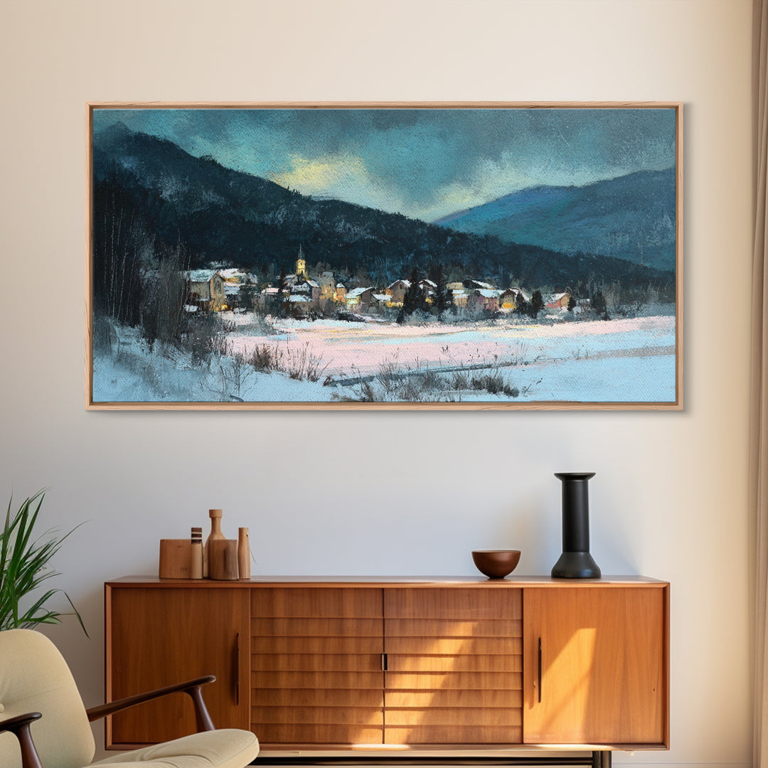Snow Covered Alpine Village at Dusk Framed Canvas Print, Landscape Art, Boho Decor, Living Room Decor, Fine Art, Horizon, LAN-2x1-27