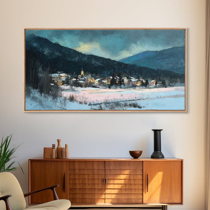Snow Covered Alpine Village at Dusk Framed Canvas Print, Landscape Art, Boho Decor, Living Room Decor, Fine Art, Horizon, LAN-2x1-27