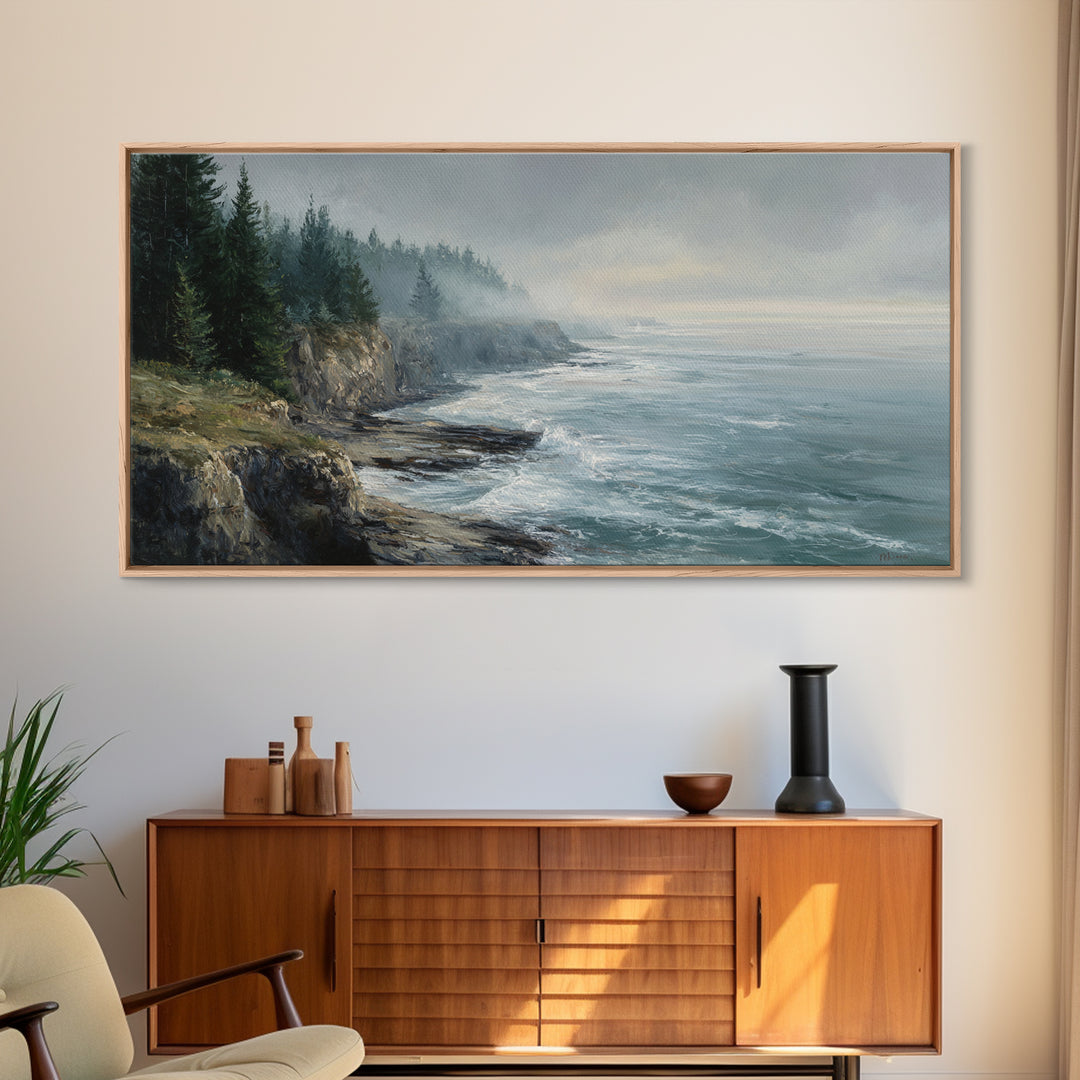 Coastal Cliffs with Crashing Waves Framed Canvas Print, Landscape Art, Contemporary Art, Living Room Decor, Fine Art, Horizon, LAN-2x1-28