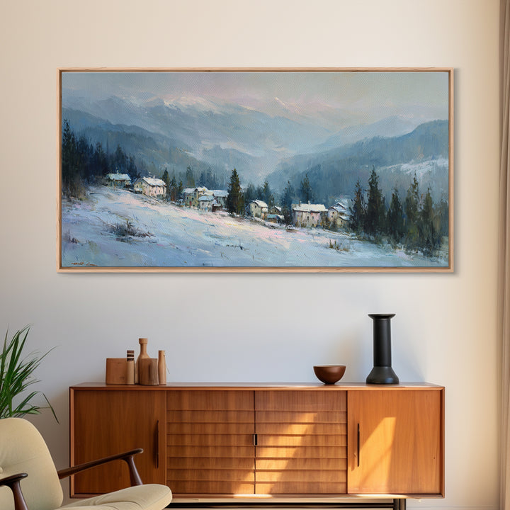Snow Covered Alpine Village at Dusk Framed Canvas Print, Landscape Art, Framed Wall Art, Living Room Decor, Oil Painting, LAN-2x1-3