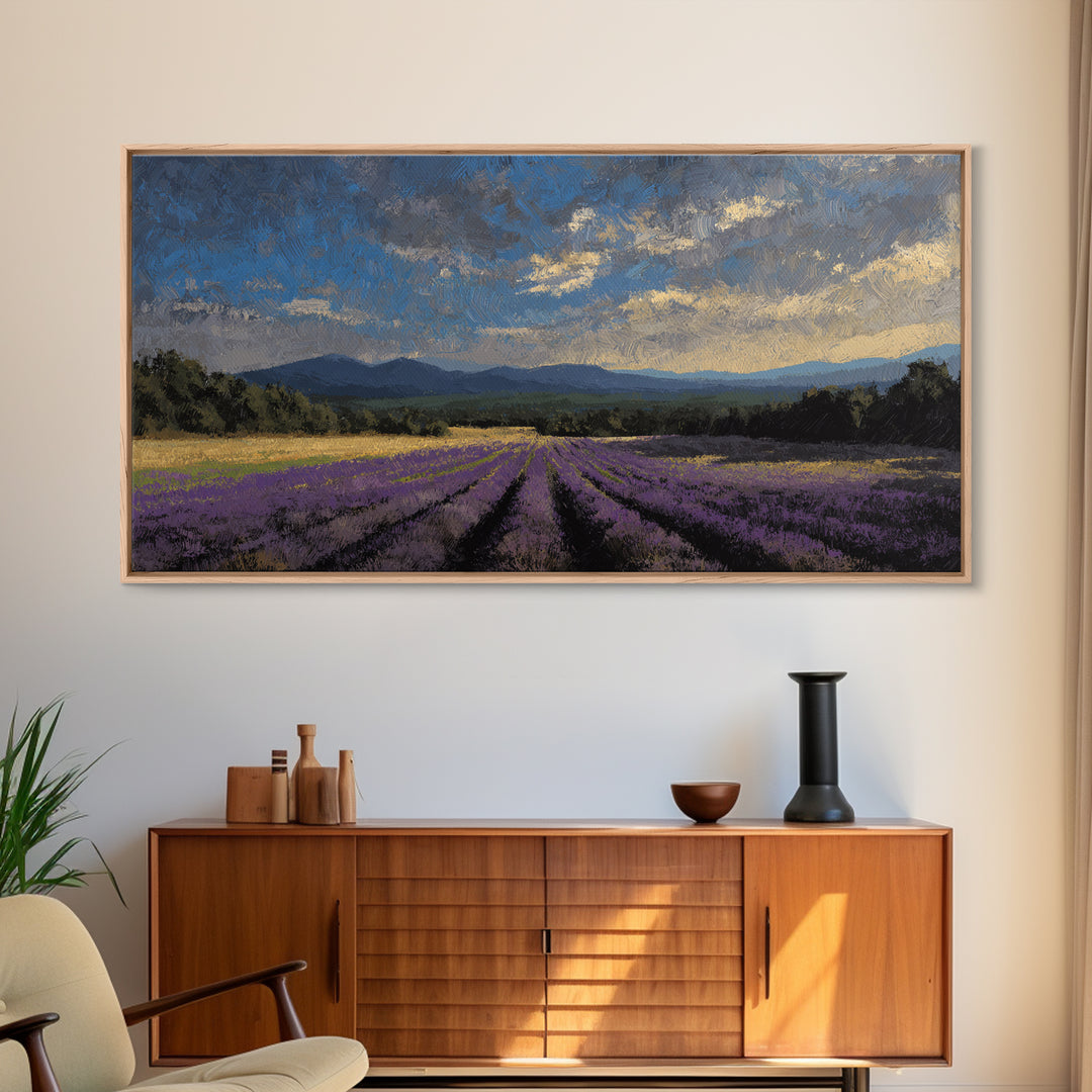 Lavender Field Leading to Distant Hills Framed Canvas Print, Landscape Art, Minimalist Decor, Living Room Decor, Oil Painting, LAN-2x1-30