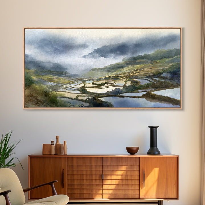 Rice Terraces Glowing Framed Canvas Print, Landscape Art, Luxury Decor, Living Room Decor, Fine Art, Horizon, Digital Art, LAN-2x1-38