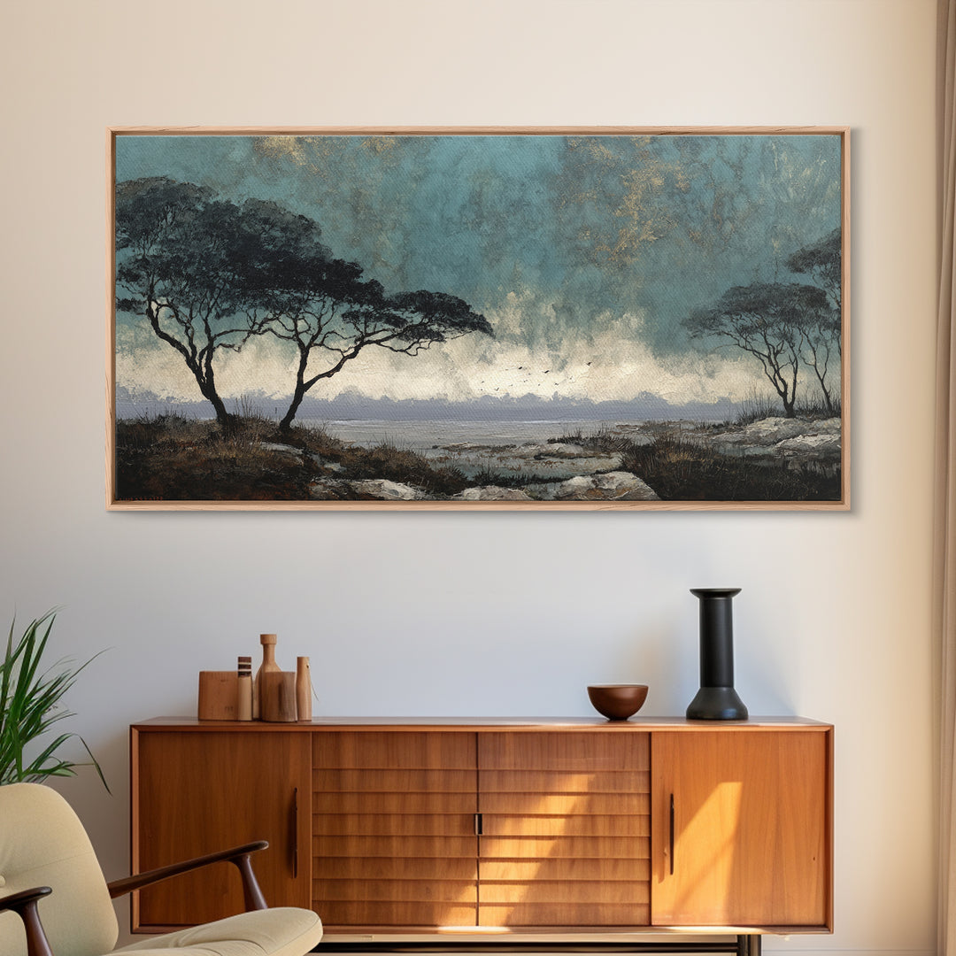 Wide Savanna with Acacia Silhouette Canvas Print, Landscape Art, Digital Art, Living Room Decor, Horizon, Boho Wall Art, LAN-2x1-39