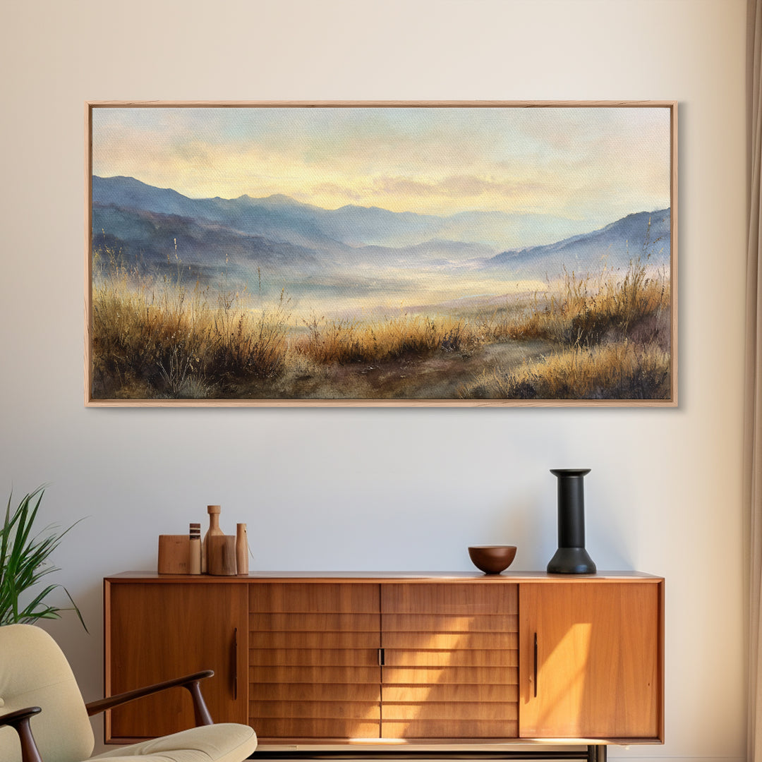 Misty Mountain Valley at Sunrise Framed Canvas Print, Landscape Art, Framed Wall Art, Living Room Decor, Oil Painting, Horizon, LAN-2x1-45