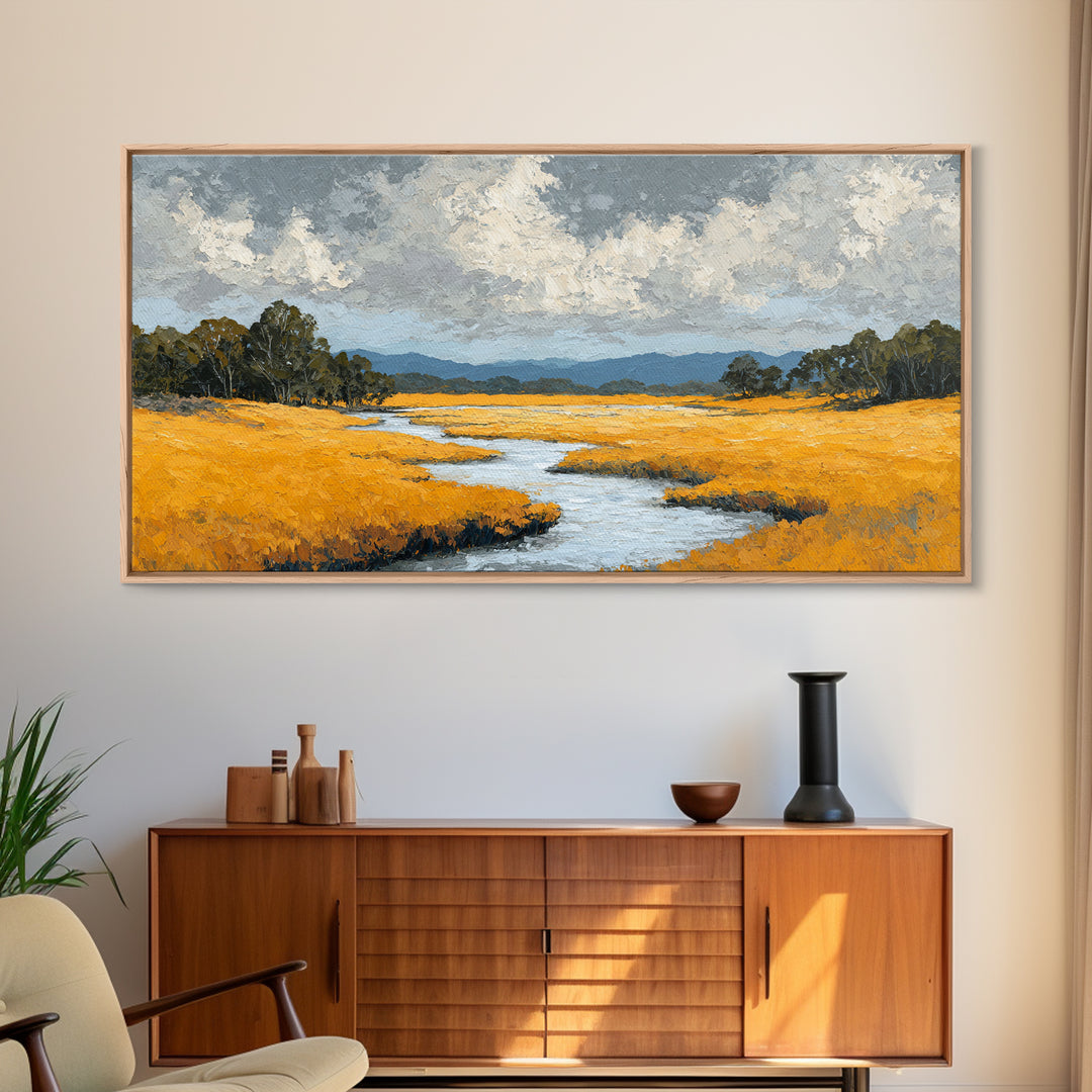 Winding River Through Golden Fields Framed Canvas Print, Landscape Art, Wall Decor, Living Room Decor, Fine Art, Horizon, LAN-2x1-46