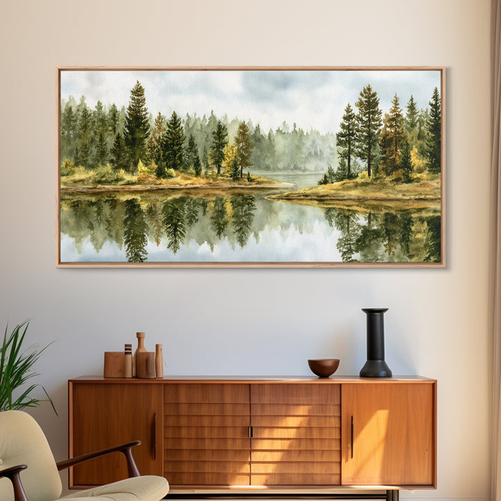 Quiet Lake Reflecting Pine Forest Canvas Print, Landscape Art, Digital Prints, Living Room Decor, Horizon, Farmhouse Decor, LAN-2x1-48