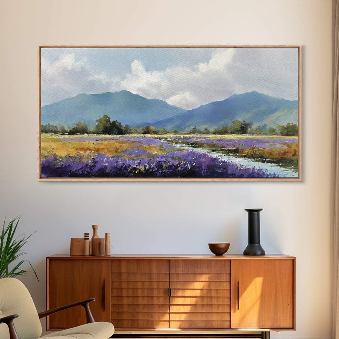 Lavender Field Leading to Distant Hills Canvas Print, Landscape Art, Digital Prints, Living Room Decor, Fine Art, Horizon, LAN-2x1-54