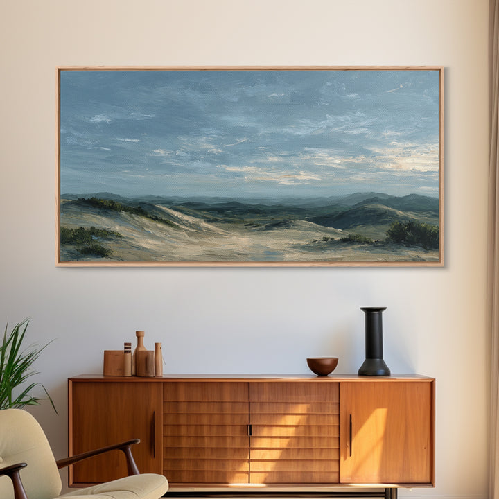 Desert Dunes under Pale Moon Framed Canvas Print, Landscape Art, Farmhouse Decor, Living Room Decor, Fine Art, Horizon, LAN-2x1-55