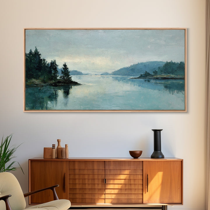 Fjord Landscape with Icy Blue Water Framed Canvas Print, Landscape Art, Wall Art Print, Living Room Decor, Fine Art, Horizon, LAN-2x1-59