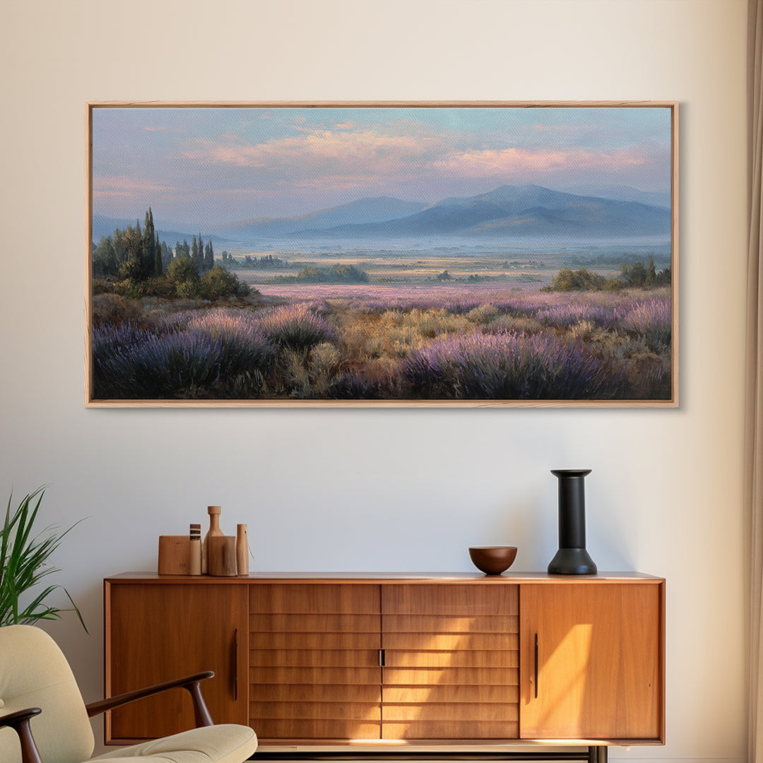 Lavender Field Leading to Distant Hills Framed Canvas Print, Landscape Art, Minimalist Decor, Living Room Decor, Oil Painting, LAN-2x1-6