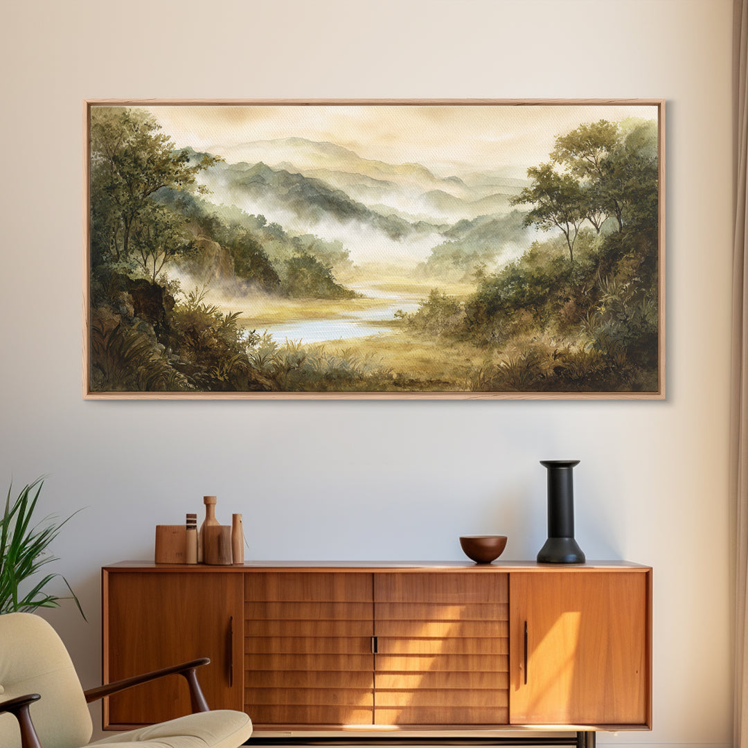 Tropical Jungle Waterfall Framed Canvas Print, Landscape Art, Digital Art, Living Room Decor, Fine Art, Horizon, Boho Wall Art, LAN-2x1-60
