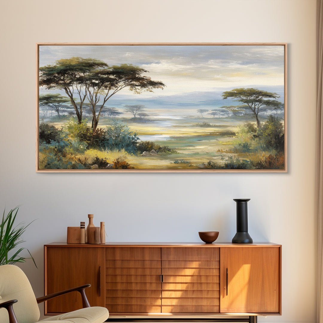 Wide Savanna with Acacia Silhouette Canvas Print, Landscape Art, Abstract Wall Art, Living Room Decor, Fine Art, Horizon, LAN-2x1-63