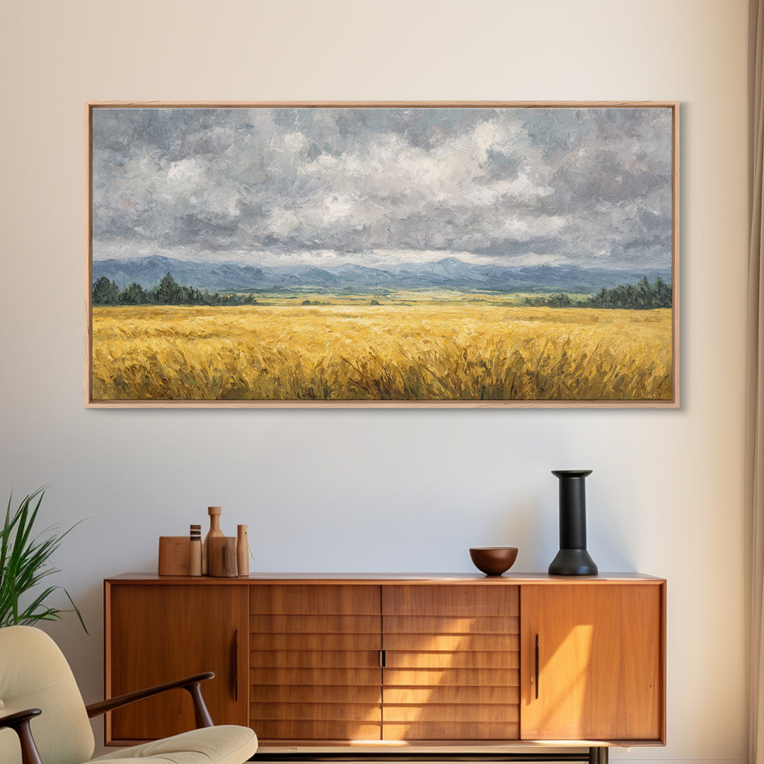 Golden Wheat Field Beneath Huge Clouds Canvas Print, Landscape Art, Original Painting, Living Room Decor, Fine Art, Horizon, LAN-2x1-68