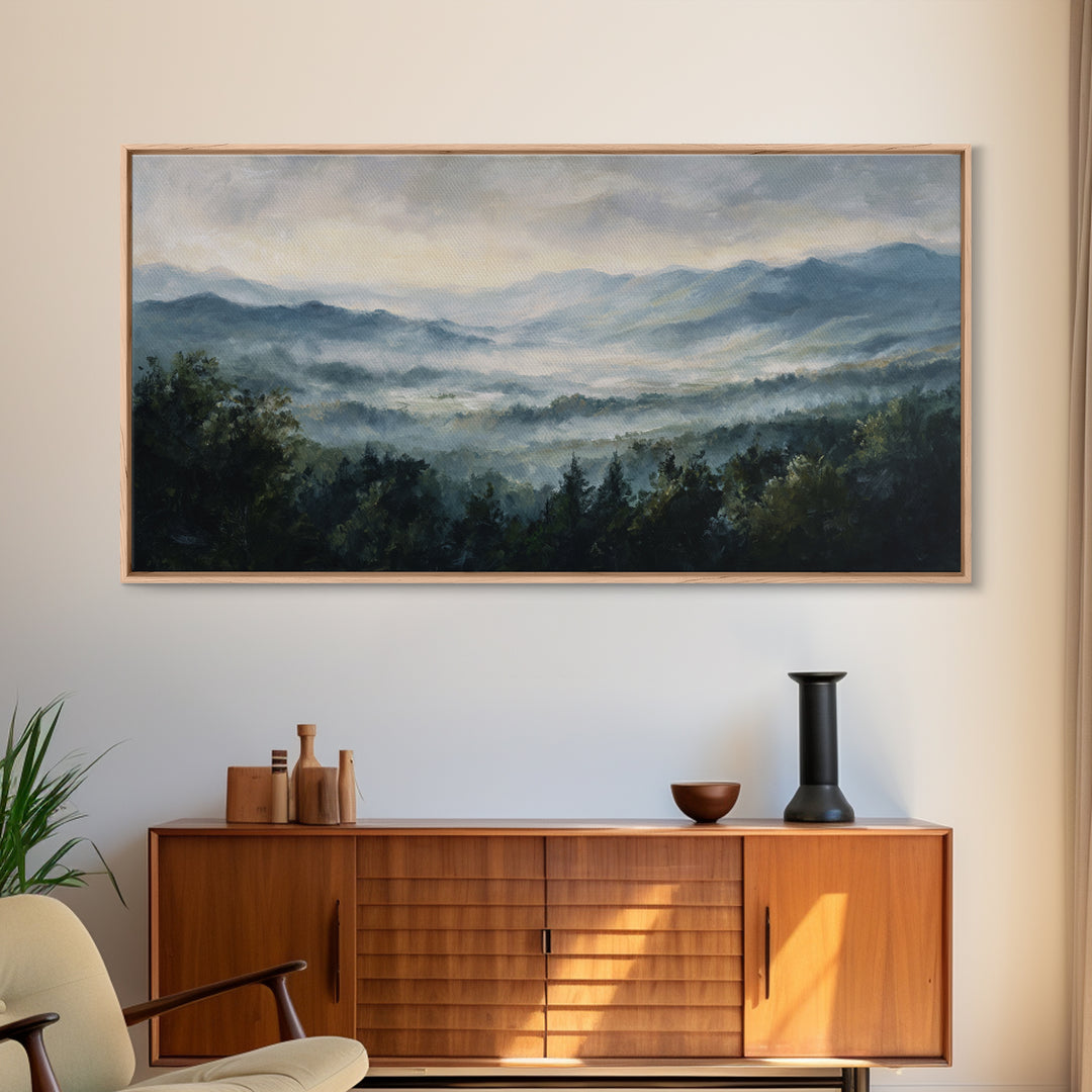 Misty Mountain Valley at Sunrise Canvas Print, Landscape Art, Abstract Wall Art, Living Room Decor, Fine Art, Horizon, LAN-2x1-69