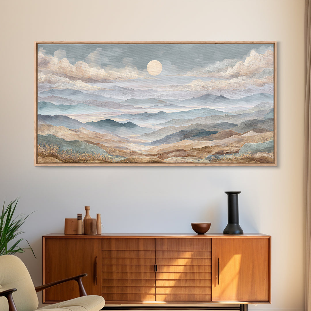 Desert Dunes under Pale Moon Framed Canvas Print, Landscape Art, Art Prints, Living Room Decor, Horizon, Abstract Wall Art, LAN-2x1-7