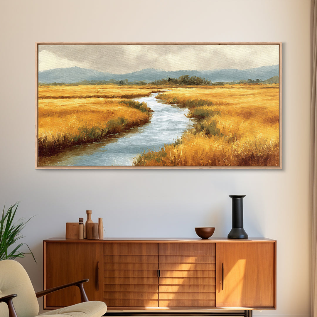 Winding River Through Golden Fields Canvas Print, Landscape Art, Printable Wall Art, Living Room Decor, Oil Painting, Horizon, LAN-2x1-70