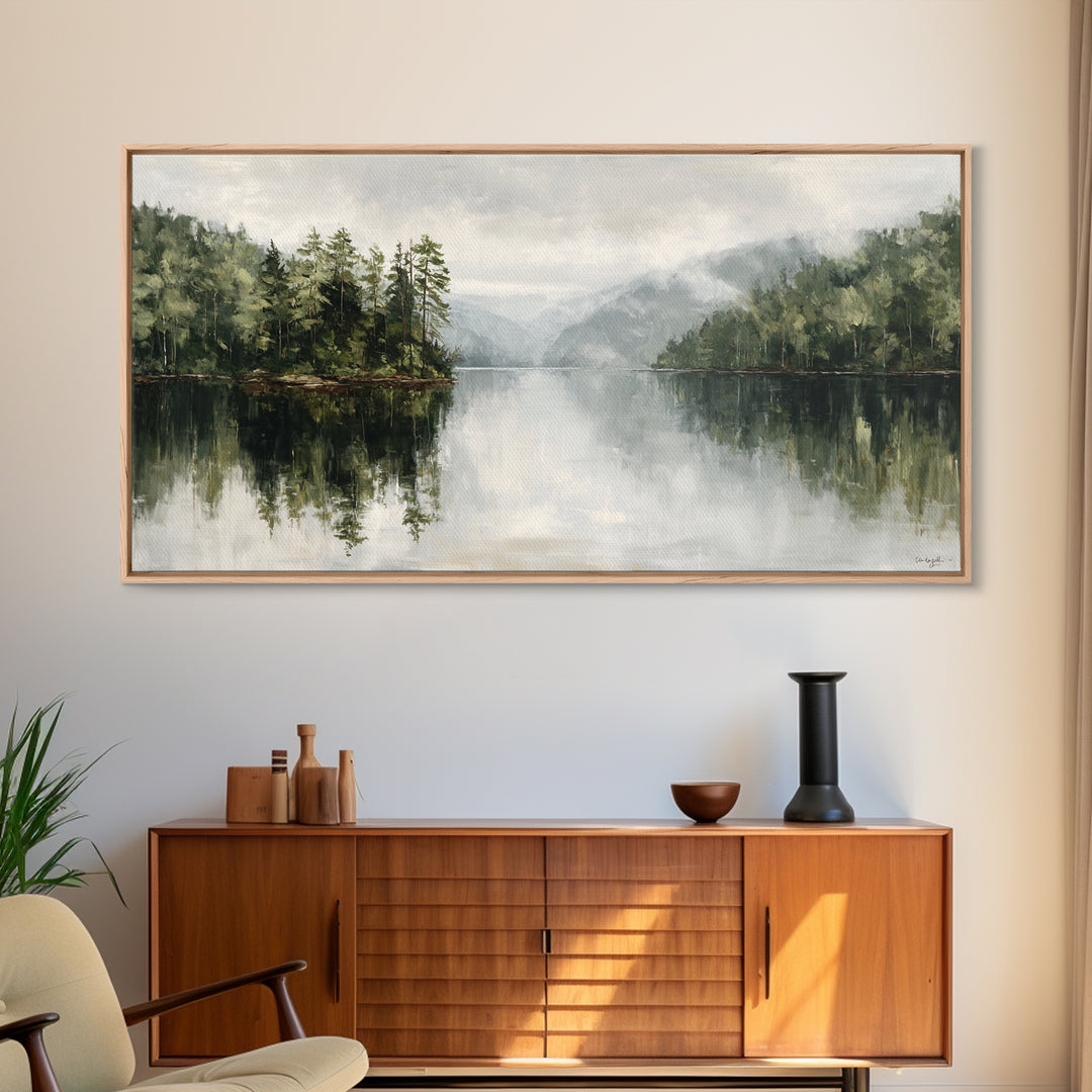 Quiet Lake Reflecting Pine Forest Framed Canvas Print, Landscape Art, Digital Wall Art, Living Room Decor, Fine Art, Horizon, LAN-2x1-72