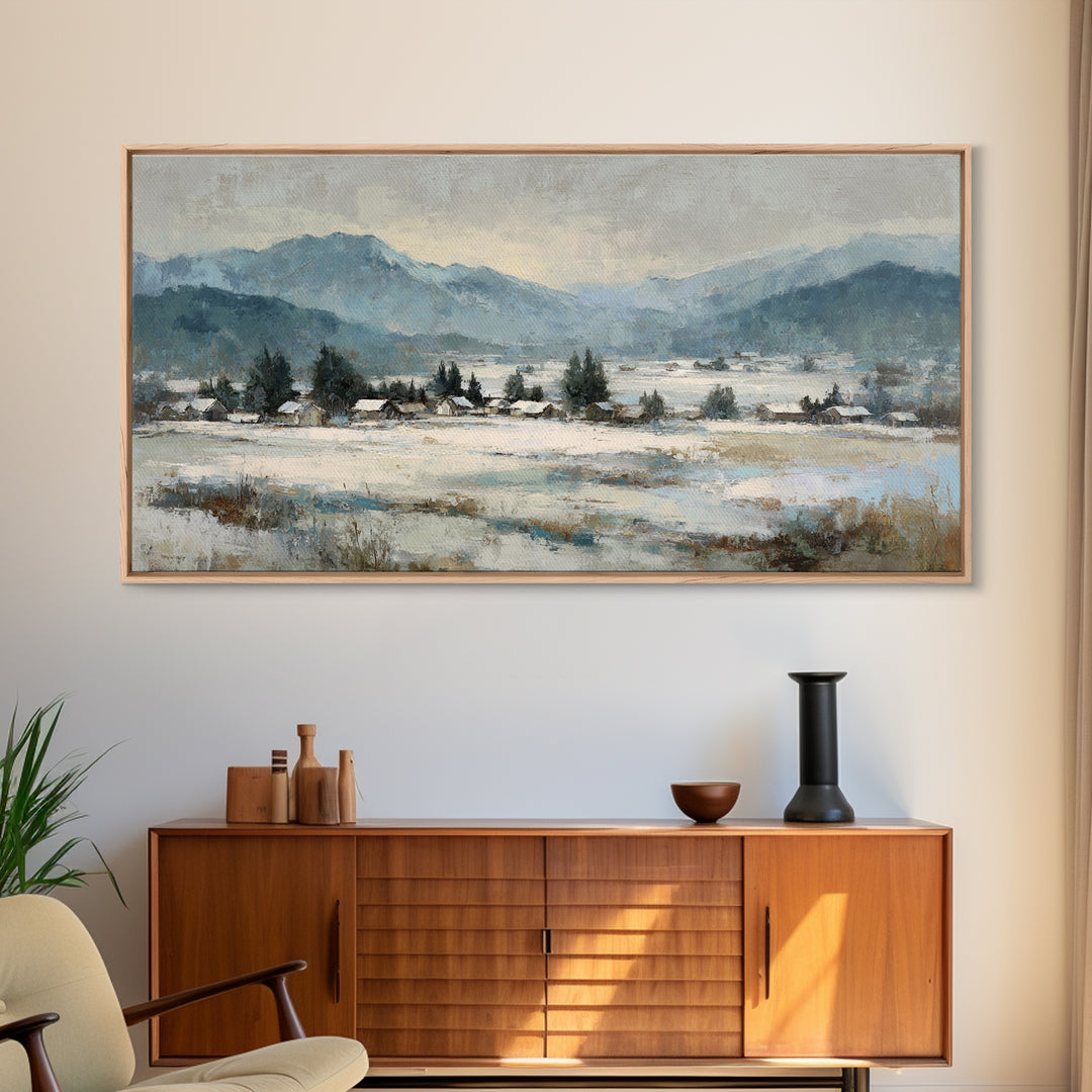 Snow Covered Alpine Village at Dusk Framed Canvas Print, Landscape Art, Room Decor, Living Room Decor, Fine Art, Horizon, LAN-2x1-75