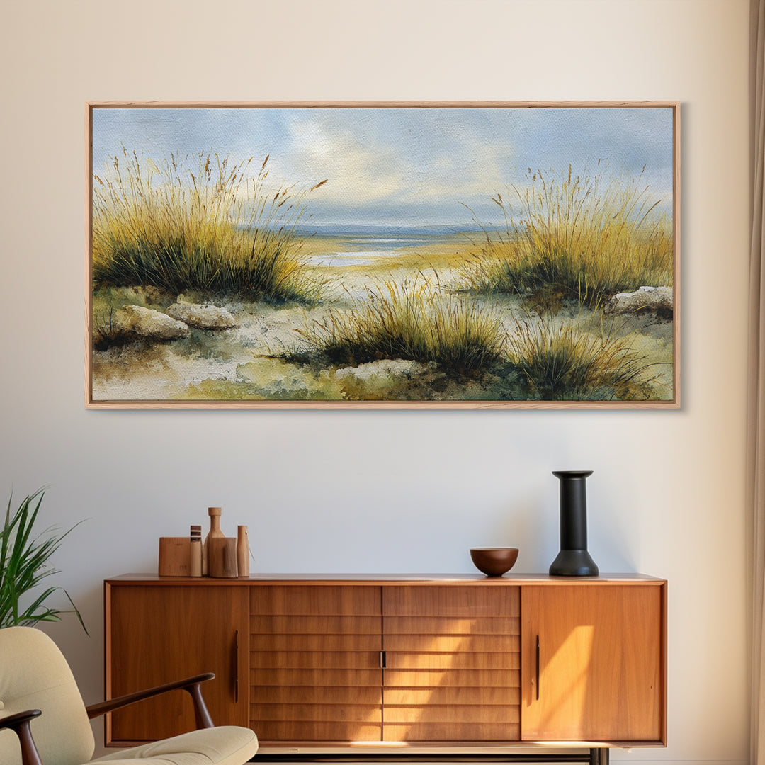 Desert Dunes under Pale Moon Framed Canvas Print, Landscape Art, Set of 3 Prints, Living Room Decor, Fine Art, Horizon, LAN-2x1-79