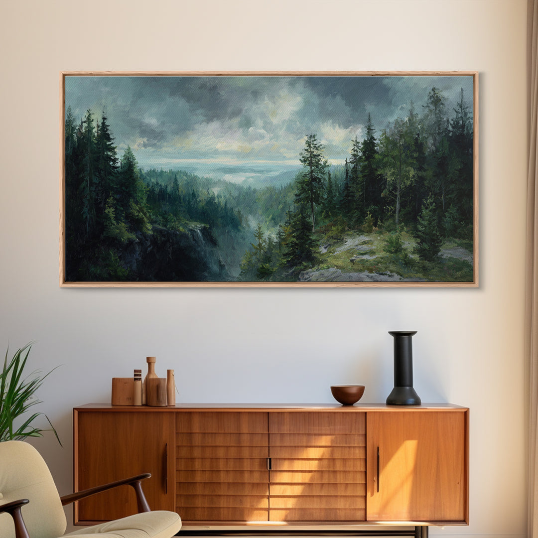 Waterfall Hidden in Dense Forest Framed Canvas Print, Landscape Art, Luxury Decor, Living Room Decor, Fine Art, Horizon, LAN-2x1-8