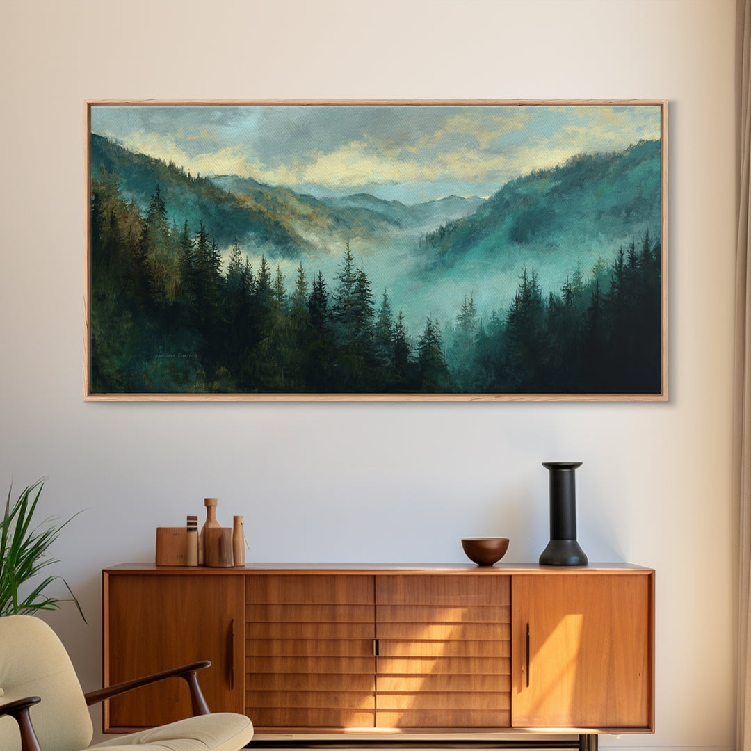Waterfall Hidden in Dense Forest Framed Canvas Print, Landscape Art, Living Room Decor, Oil Painting, Horizon, Modern Art, LAN-2x1-80