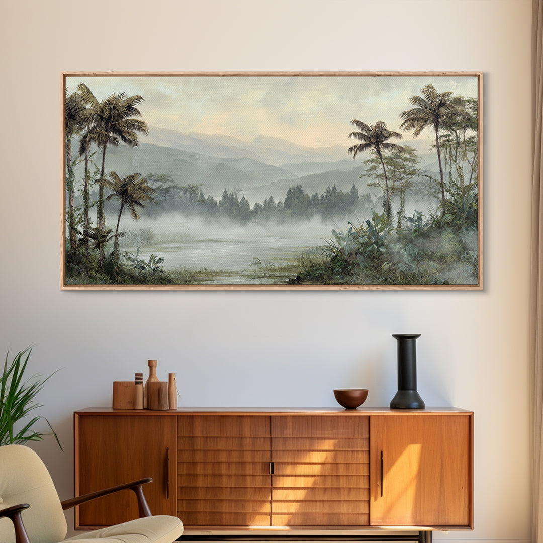 Tropical Jungle Waterfall Framed Canvas Print, Landscape Art, Abstract Wall Art, Living Room Decor, Fine Art, Horizon, LAN-2x1-84