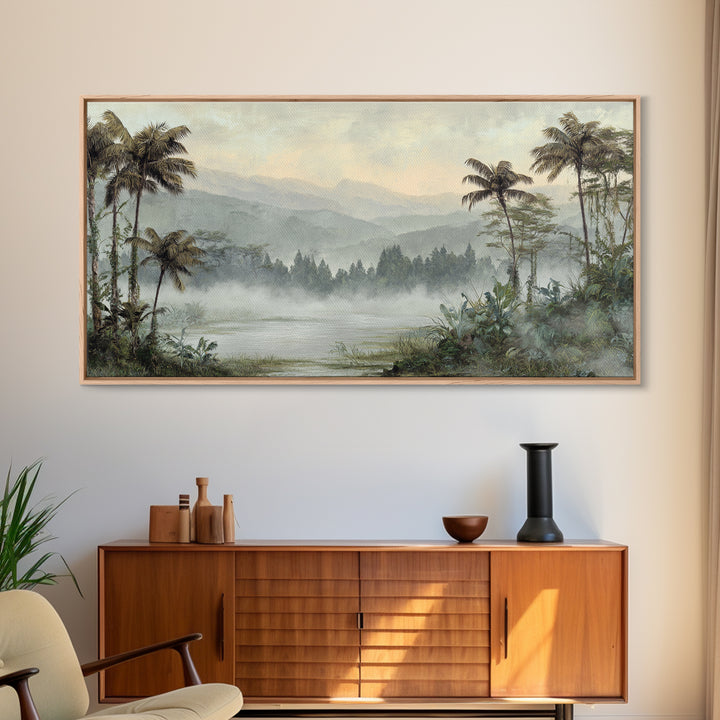 Tropical Jungle Waterfall Framed Canvas Print, Landscape Art, Abstract Wall Art, Living Room Decor, Fine Art, Horizon, LAN-2x1-84