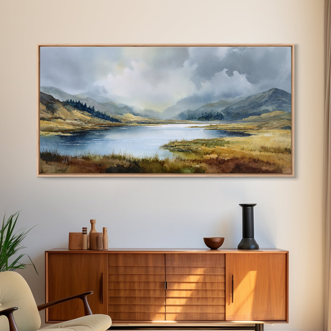 Rocky Scottish Highland Framed Canvas Print, Landscape Art, Farmhouse Decor, Living Room Decor, Horizon, Floral Wall Art, LAN-2x1-85