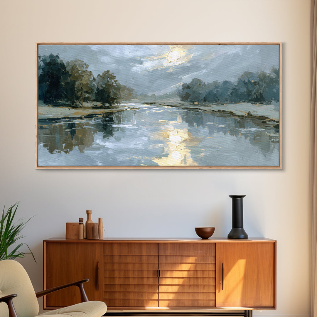 Moonlit River with Silver Reflections Canvas Print, Landscape Art, Living Room Decor, Oil Painting, Horizon, Modern Art, LAN-2x1-89