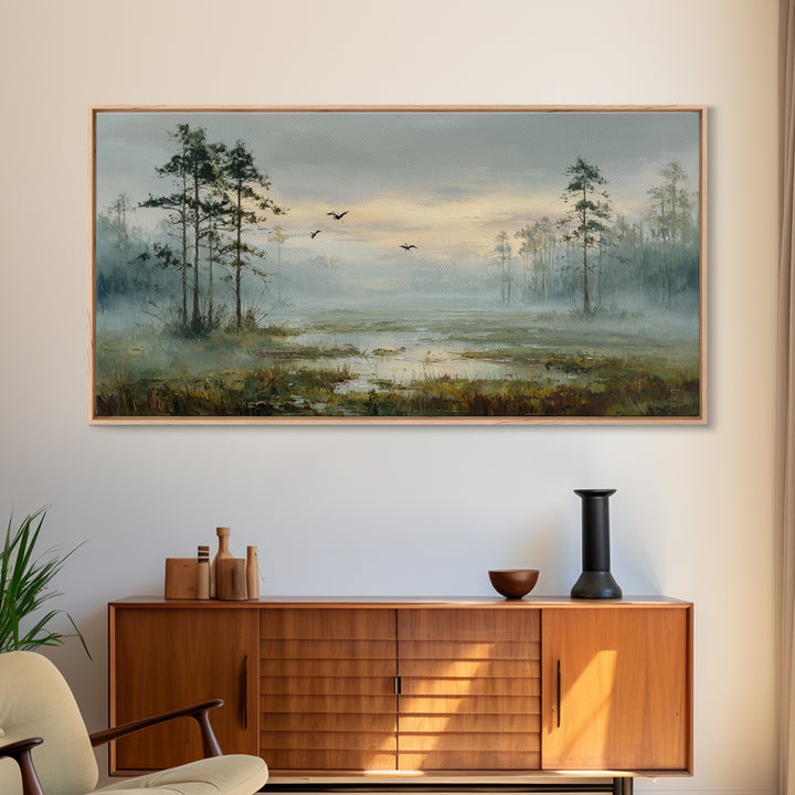Misty Cypress Swamp Framed Canvas Print, Landscape Art, Digital Art, Living Room Decor, Fine Art, Horizon, Boho Wall Art, LAN-2x1-90