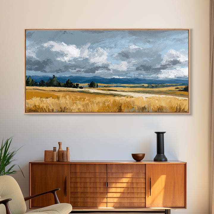 Golden Wheat Field Beneath Huge Clouds Framed Canvas Print, Landscape Art, Digital Print, Living Room Decor, Fine Art, Horizon, LAN-2x1-92